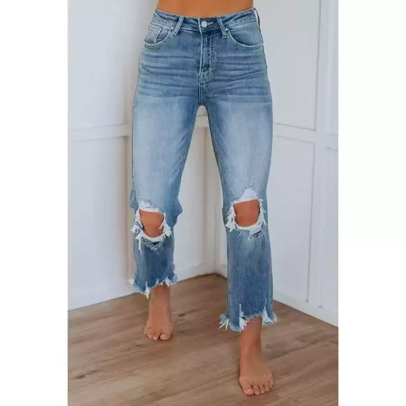 Punched trendy denim pants   E1434