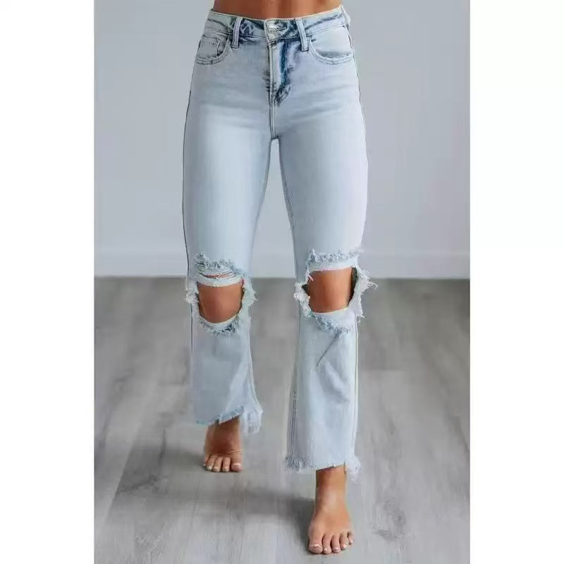 Punched trendy denim pants   E1434