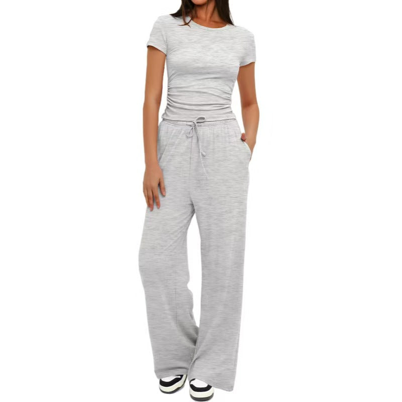 Solid color casual long sleeved suit top, high waist and wide leg pants   E1346