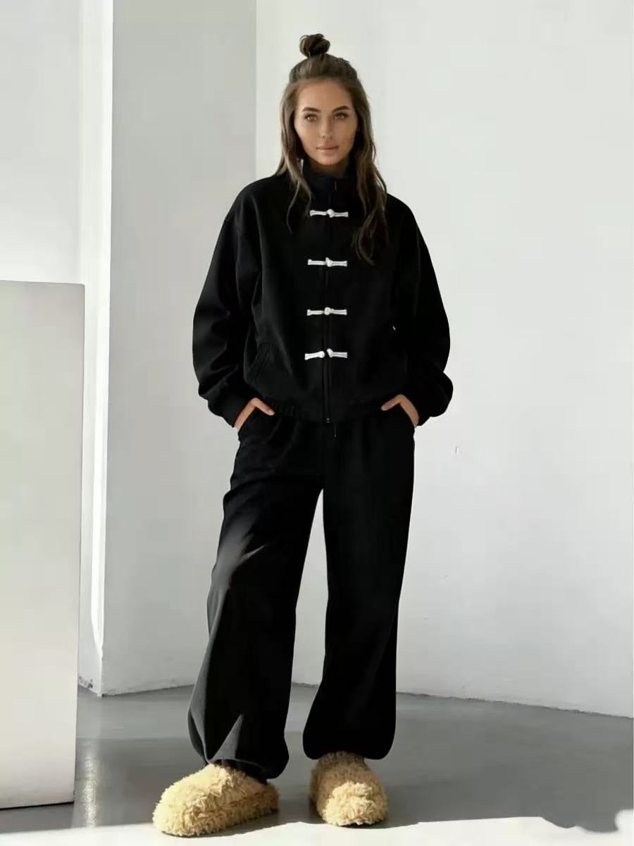 Striped buckle casual wide leg sports pants set  E1450