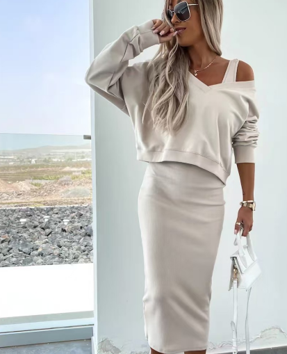 Popular long sleeved hoodie and long skirt set  E203