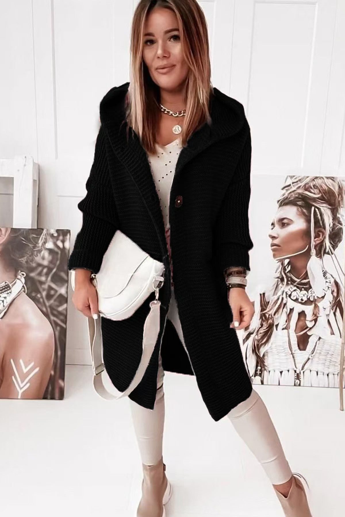 Knitted loose cardigan hooded    E311