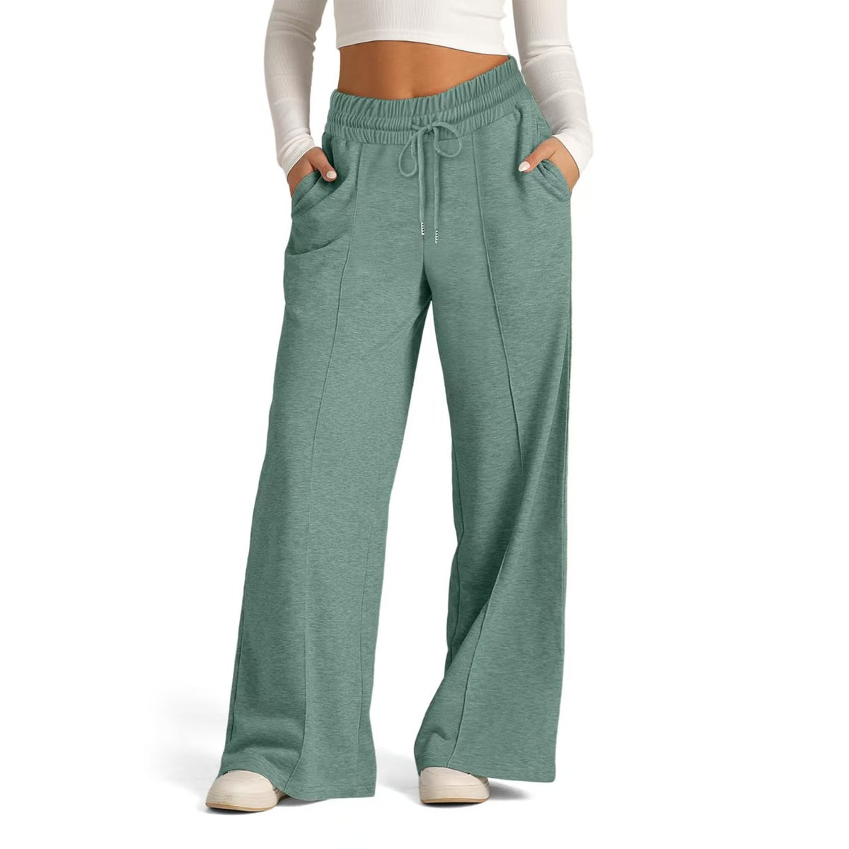 Loose drawstring solid color wide leg pants   E210