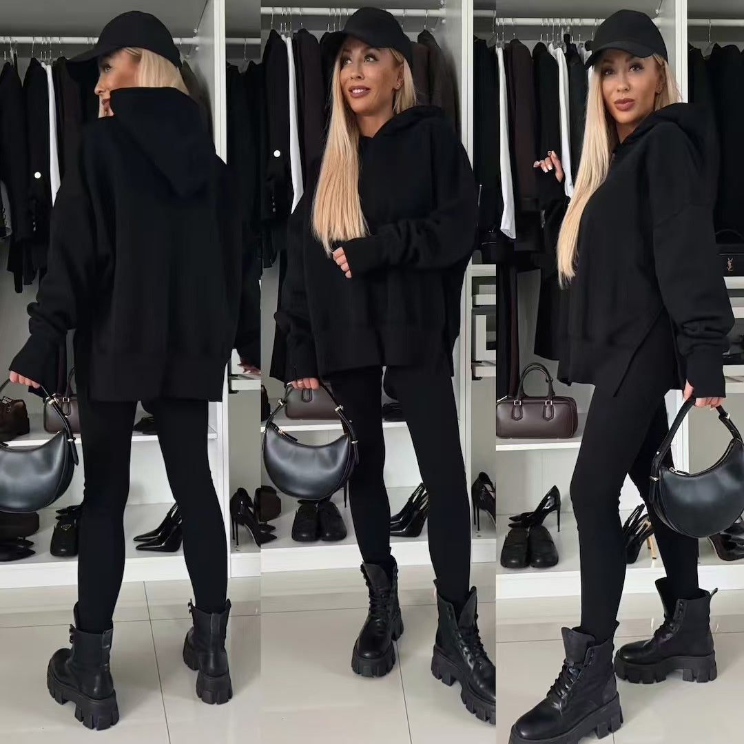 Solid color loose casual hooded sweatshirt set  E372