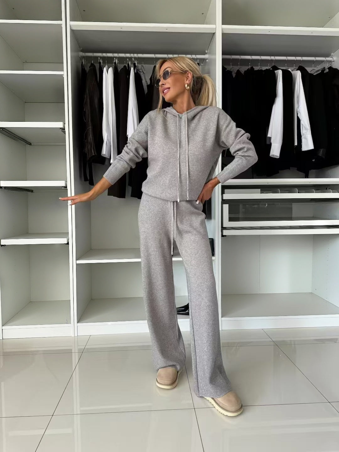 Solid color hooded casual loose suit  E1446