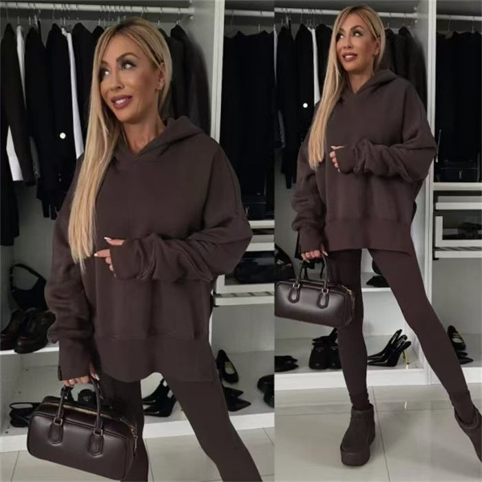 Solid color loose casual hooded sweatshirt set  E372