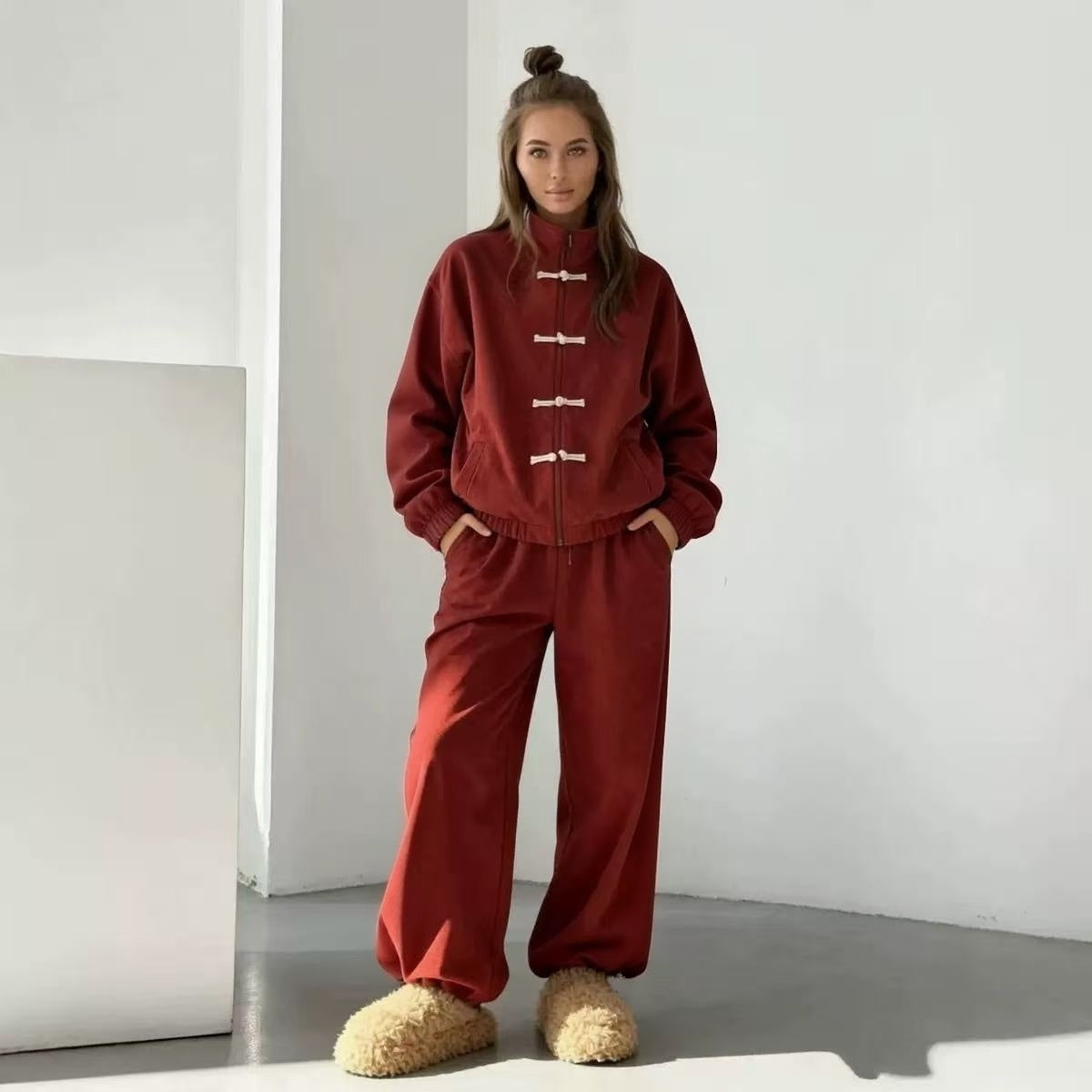 Striped buckle casual wide leg sports pants set  E1450