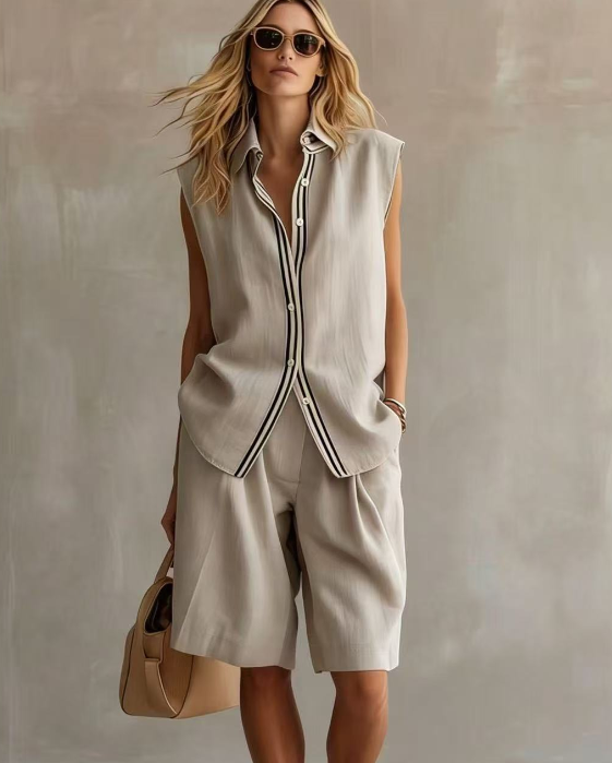 Casual single breasted sleeveless shirt set    E1374