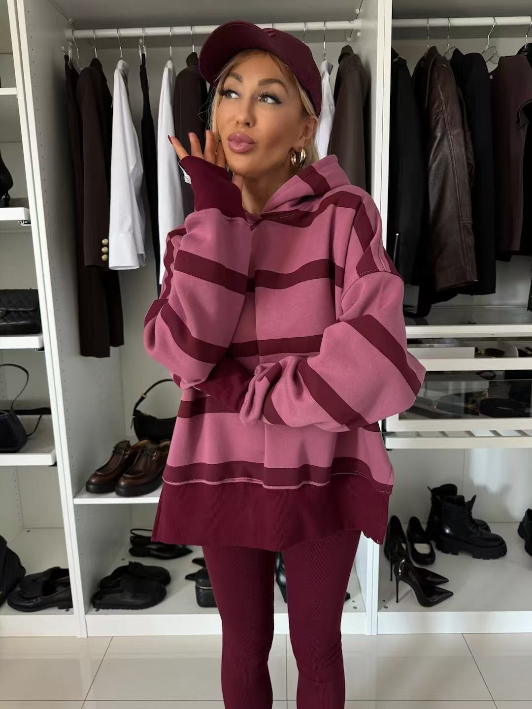 Solid color loose casual hooded sweatshirt set  E372