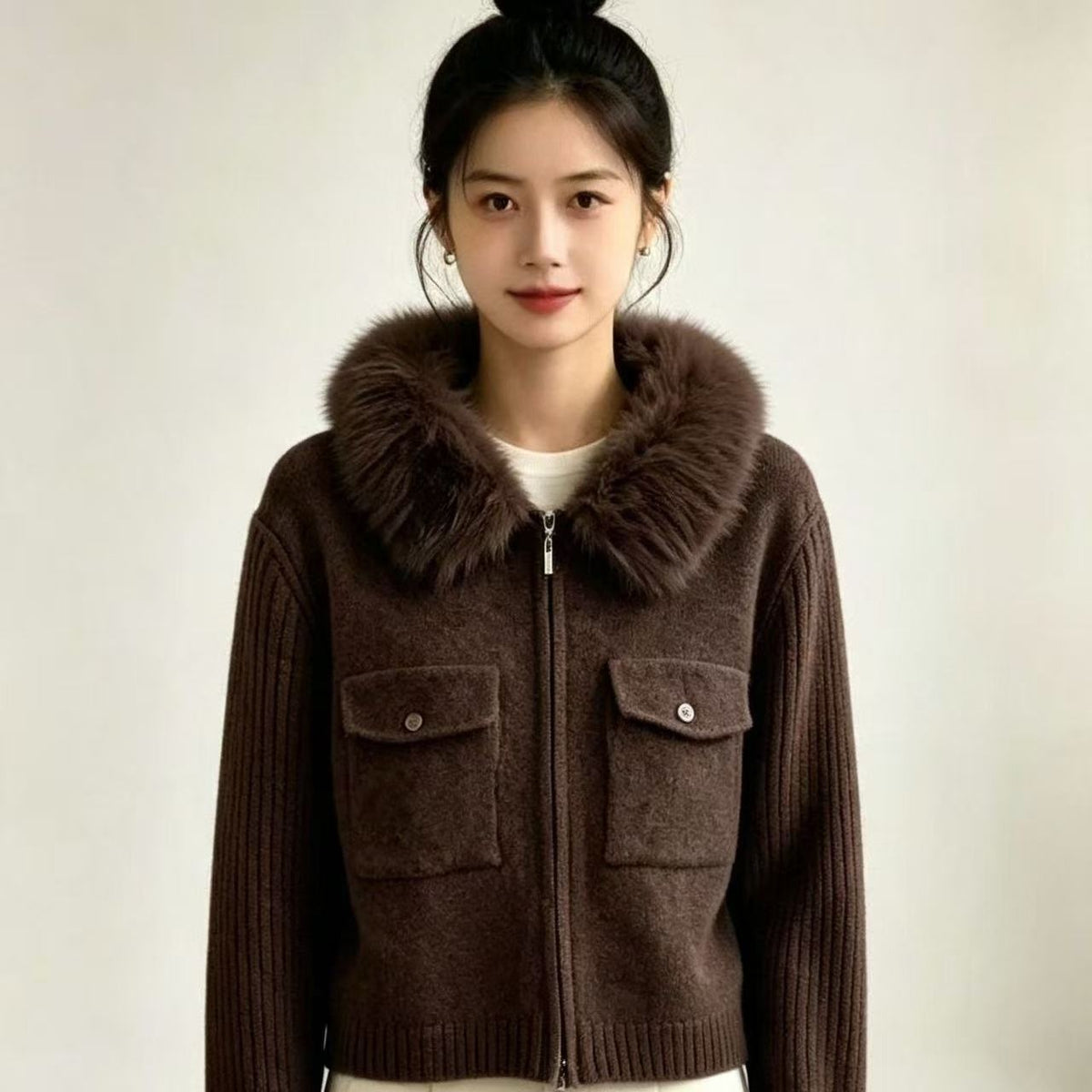 High end stand up collar knitted cardigan    E1486