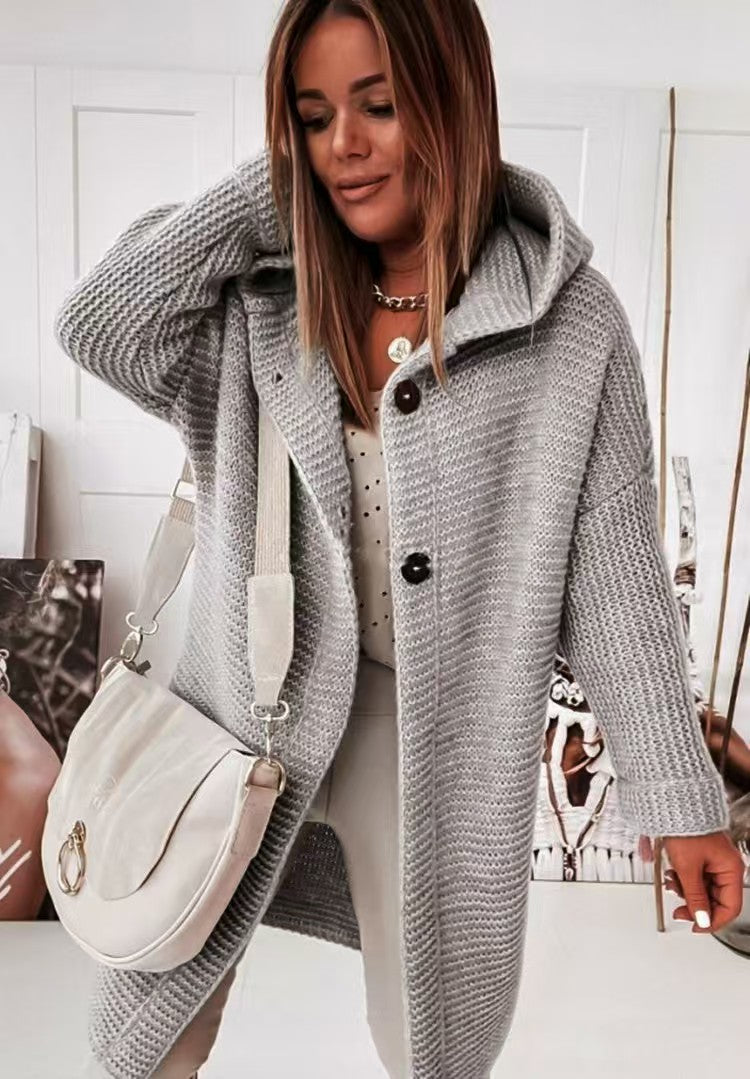 Knitted loose cardigan hooded    E311