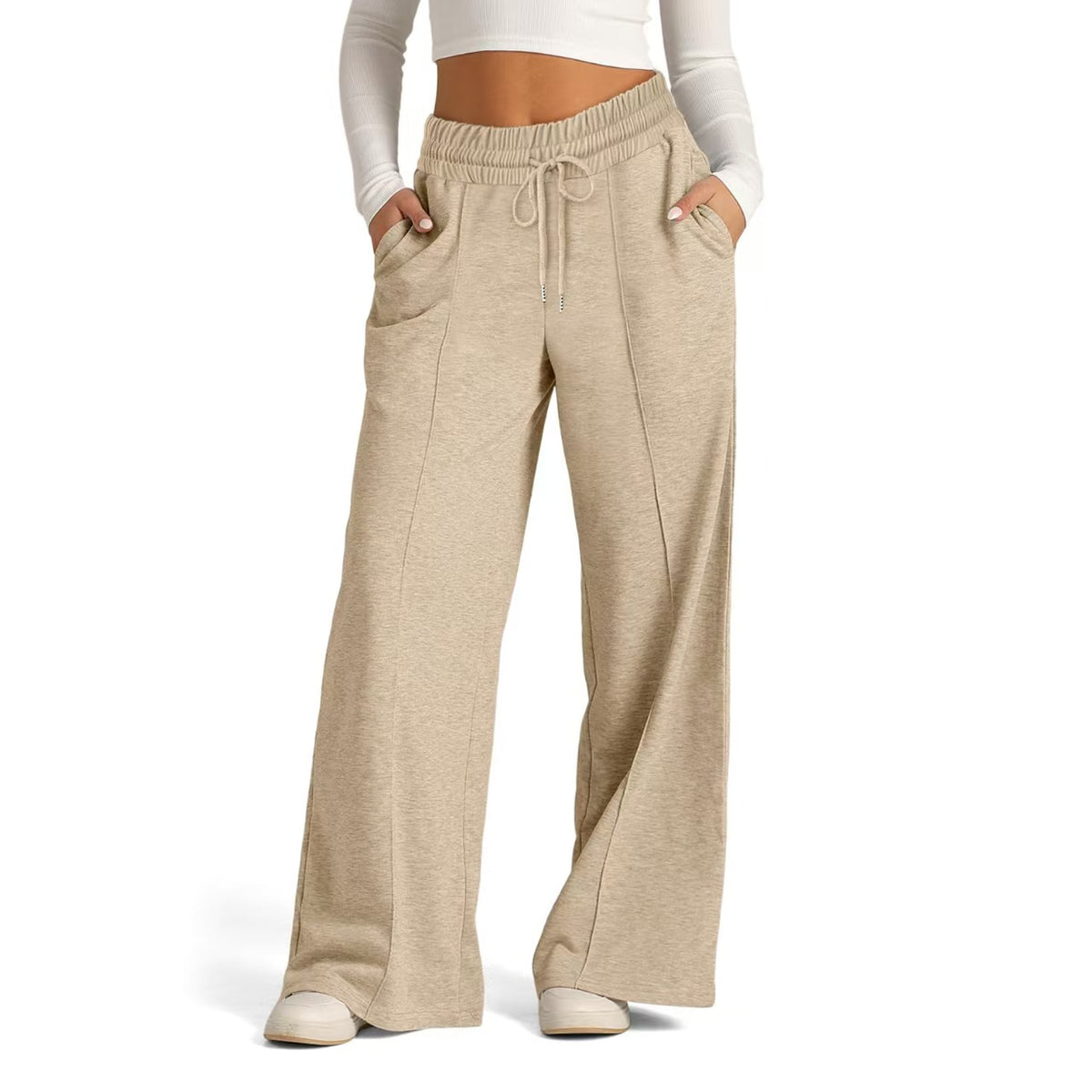 Loose drawstring solid color wide leg pants   E210