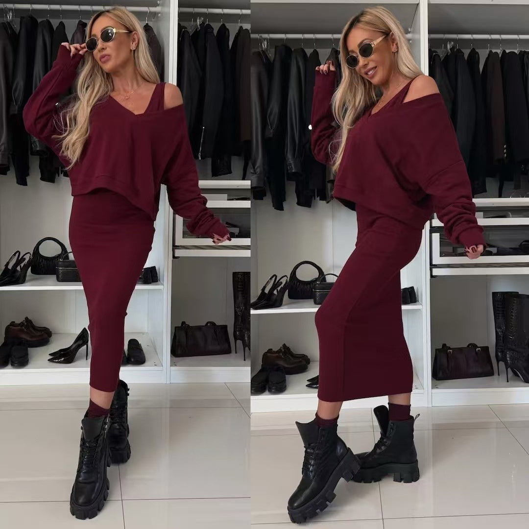 Popular long sleeved hoodie and long skirt set  E203