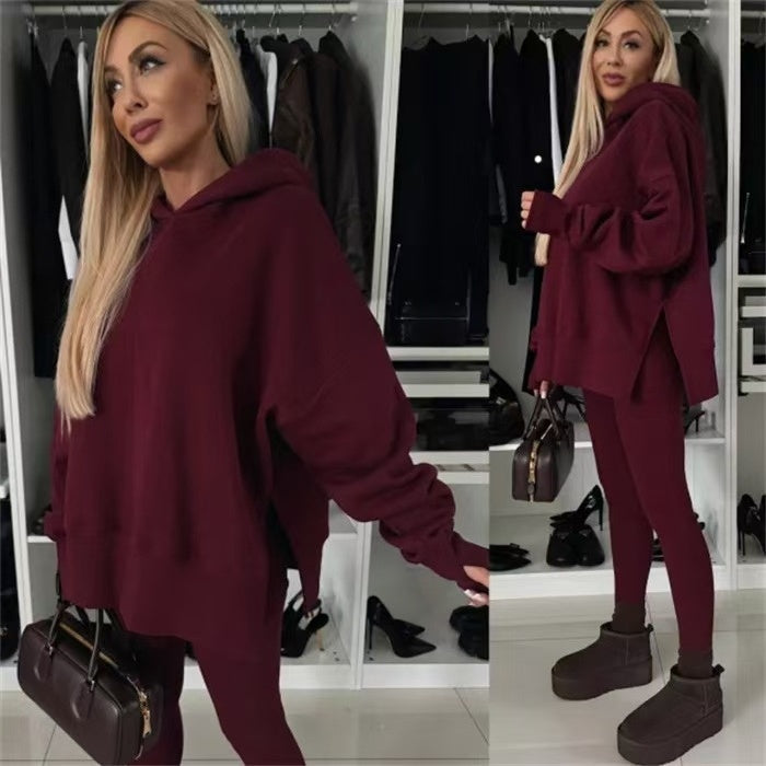 Solid color loose casual hooded sweatshirt set  E372