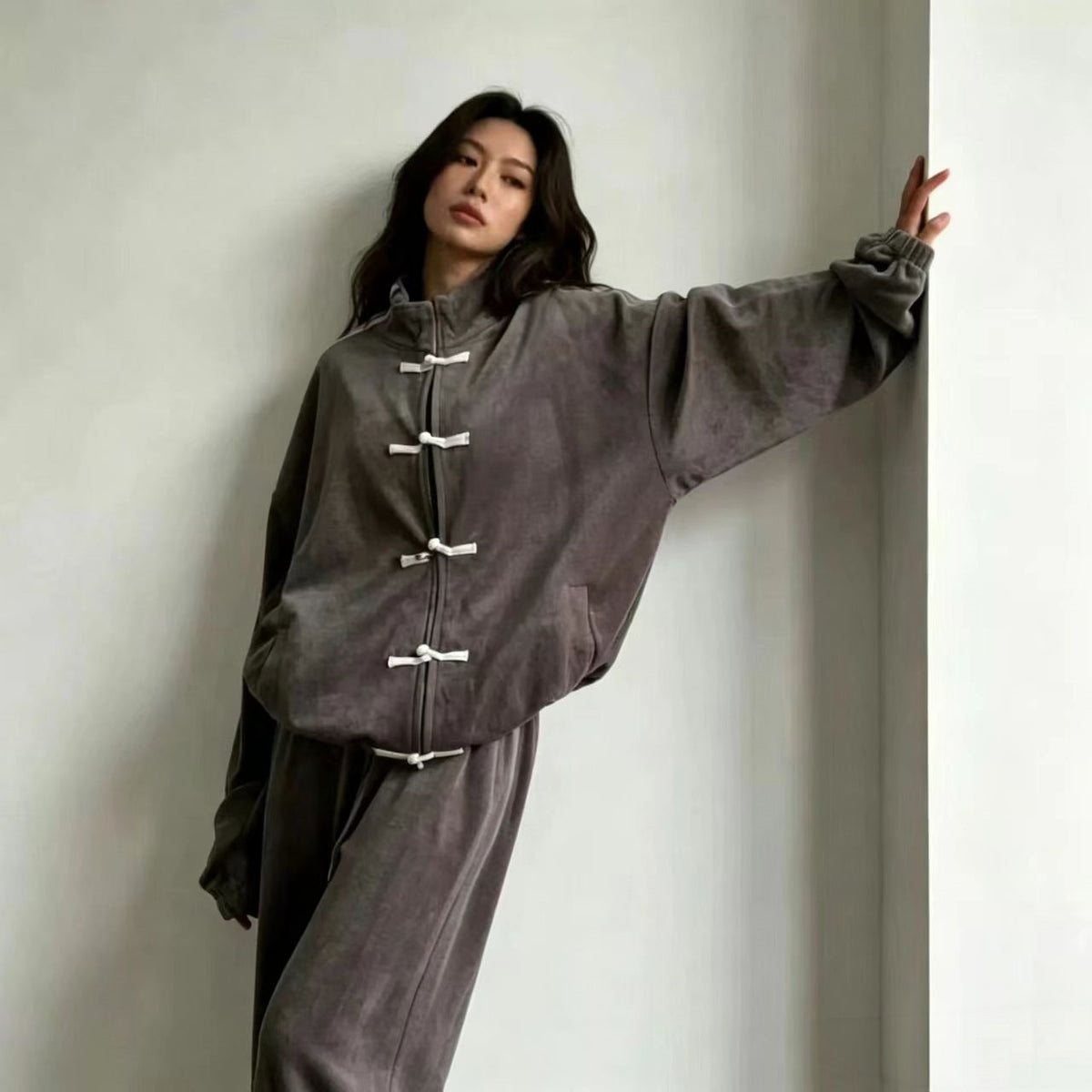 Striped buckle casual wide leg sports pants set  E1450