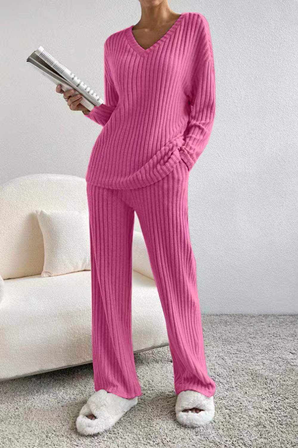 Knitted two-piece straight leg pants with loose fit E1464