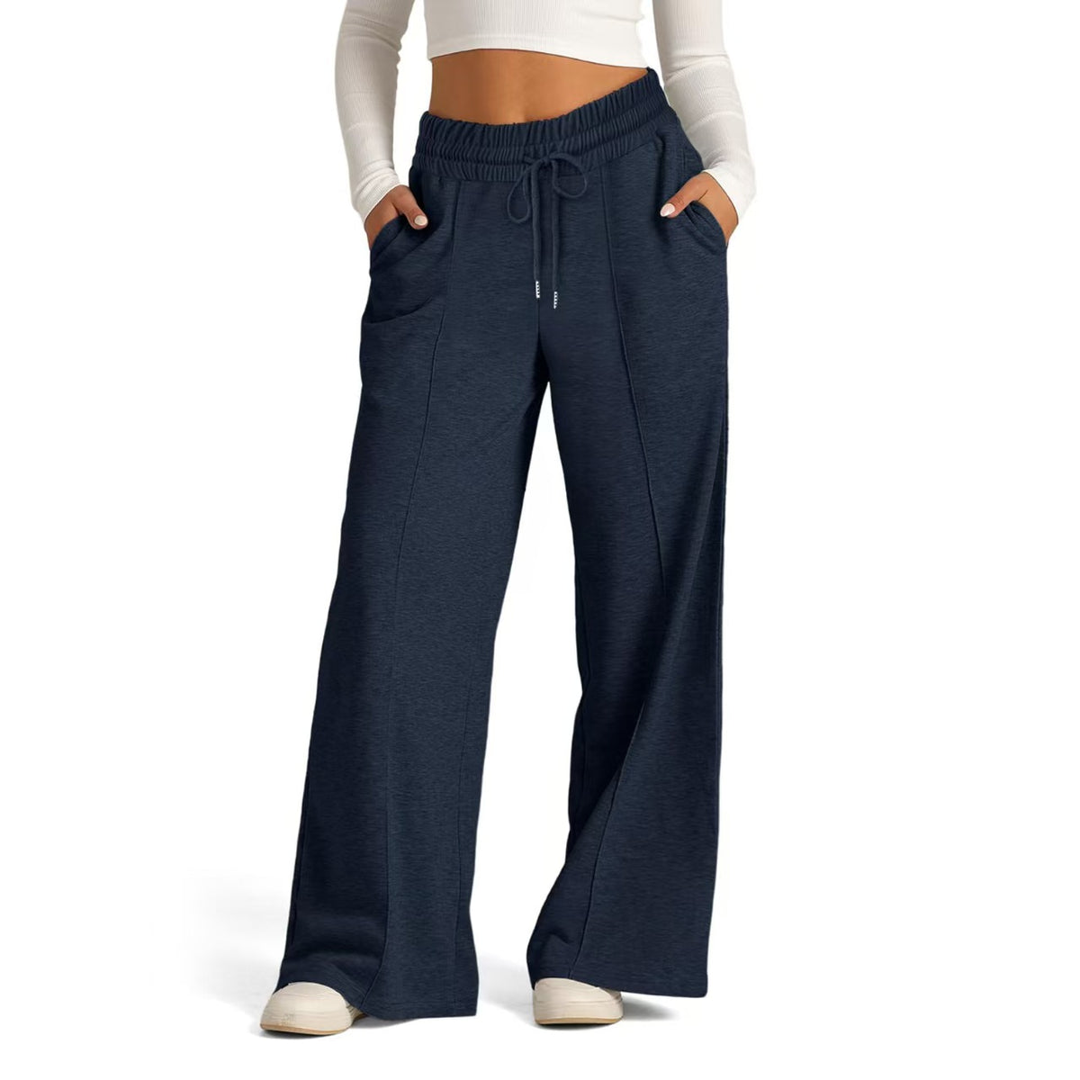 Loose drawstring solid color wide leg pants   E210