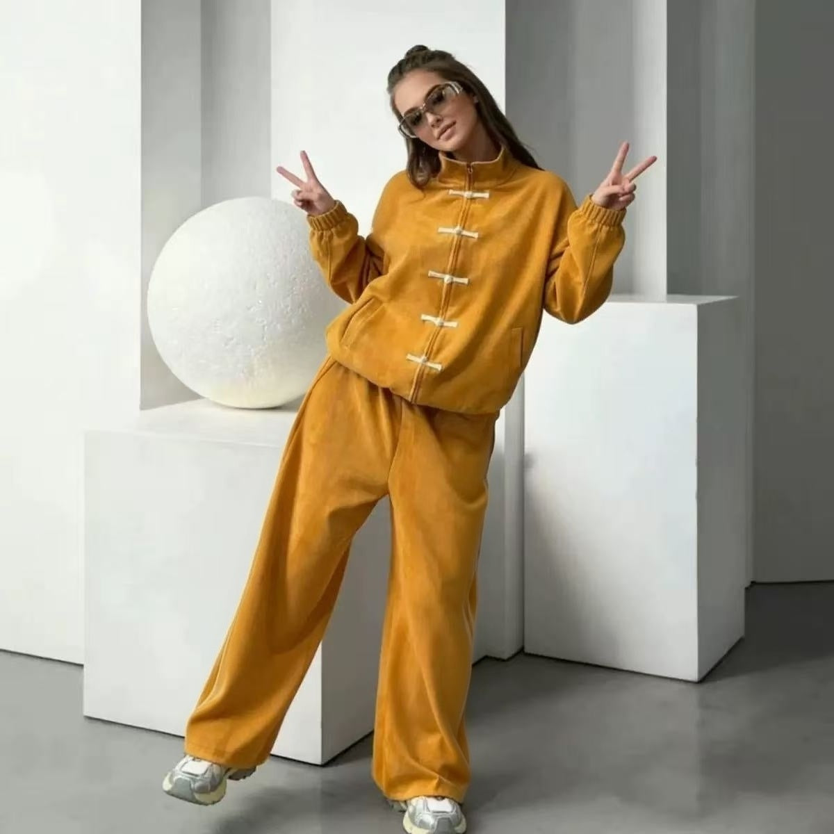 Striped buckle casual wide leg sports pants set  E1450