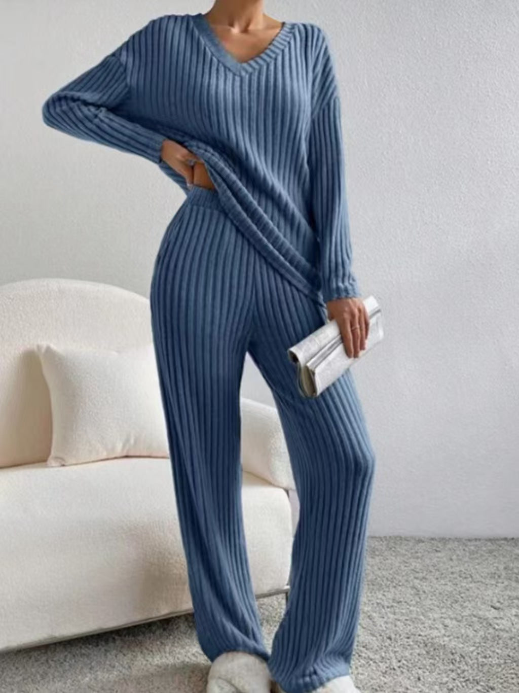 Knitted two-piece straight leg pants with loose fit E1464
