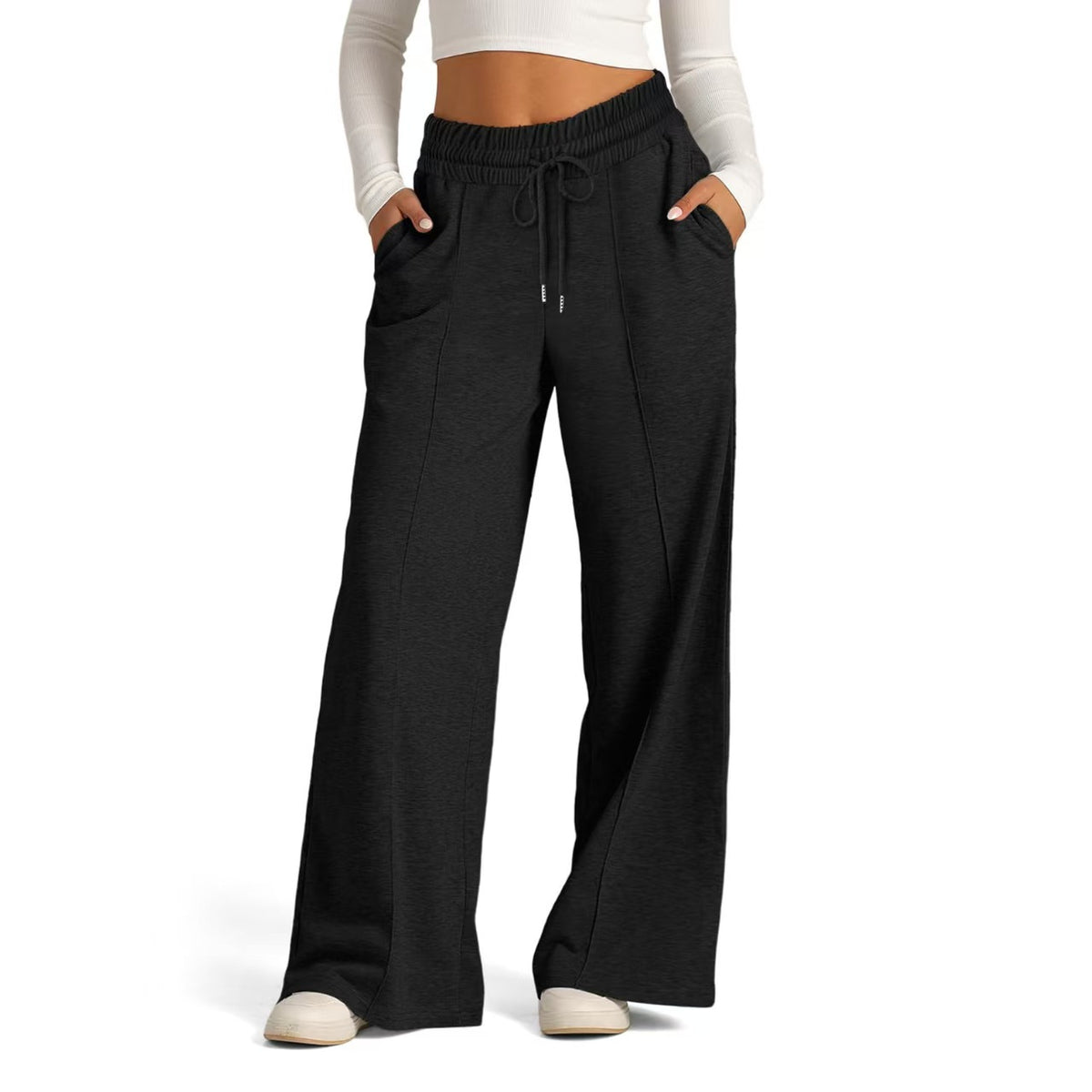 Loose drawstring solid color wide leg pants   E210