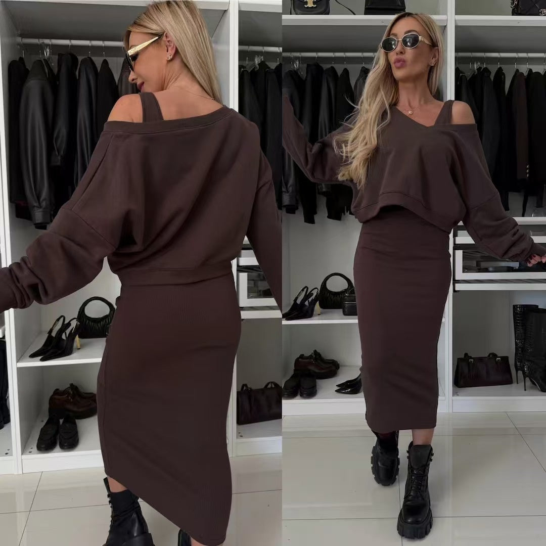Popular long sleeved hoodie and long skirt set  E203