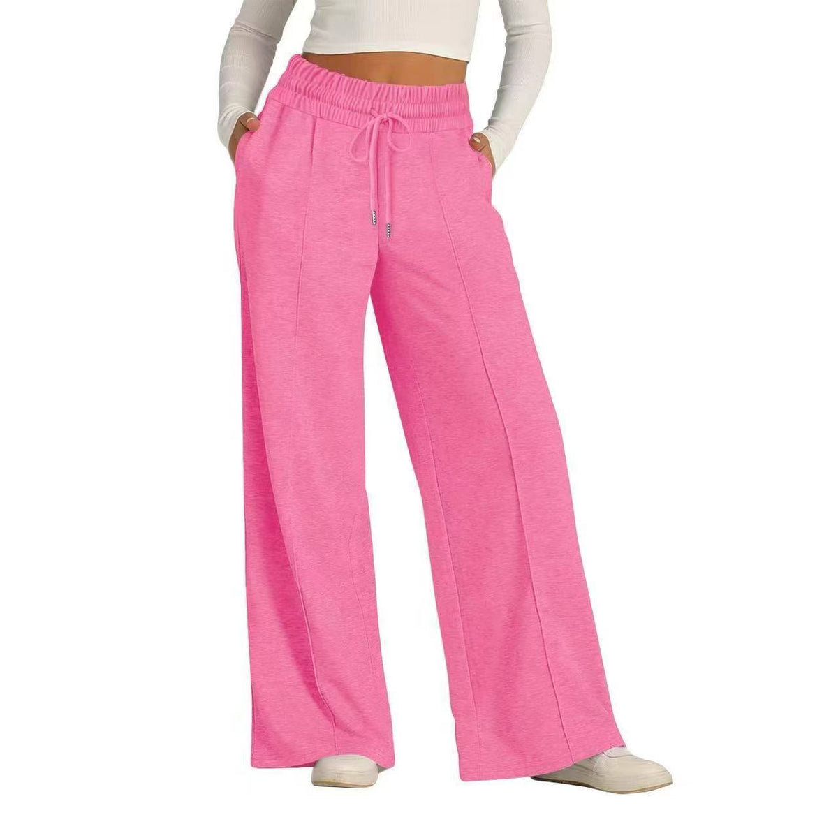 Loose drawstring solid color wide leg pants   E210