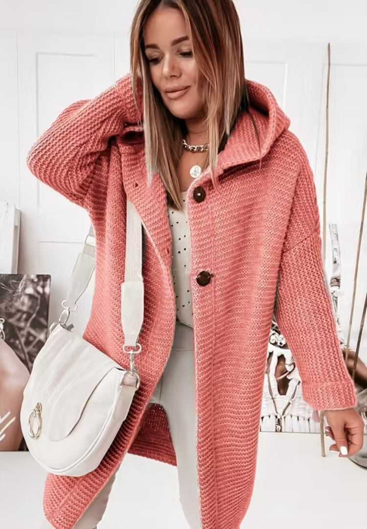 Knitted loose cardigan hooded    E311