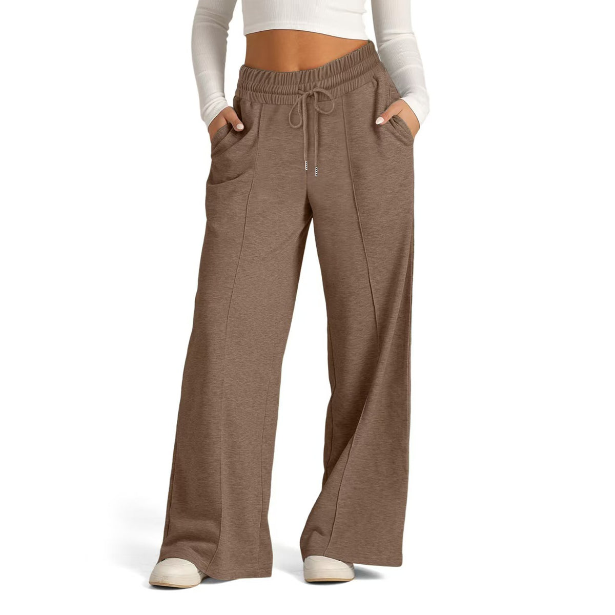 Loose drawstring solid color wide leg pants   E210
